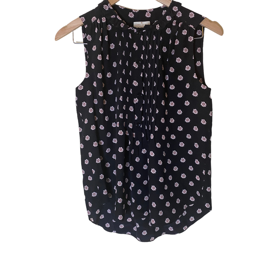 Kate Spade Silk Blue Blouse Sleeveless Round Neck Pleated Flowy Floral Small